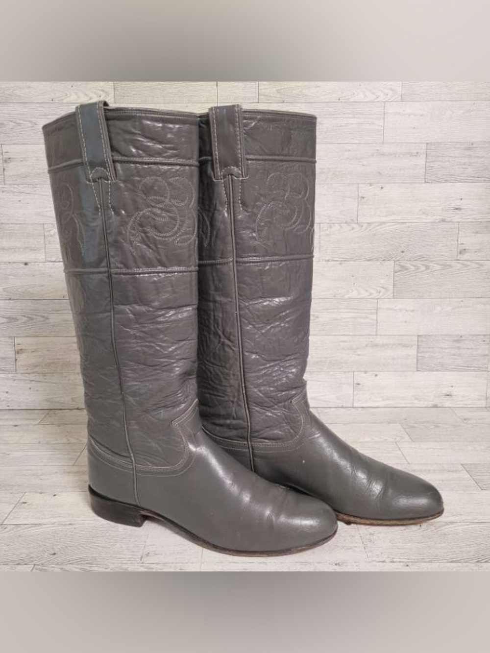 Women’s Justin Stovepipe Grey Leather Tall Cowboy Boots Size 6 Vintage 1980's